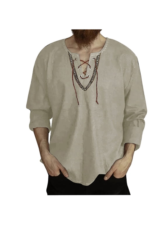 Brown Mens Vintage Gothic Grunge Ruched T Shirts Loose Fit Tops Tee for Mens Long Sleeve Vneck Faux Gauze Linen Casual Summer Fall Tee Shirt Clothing Trendy L