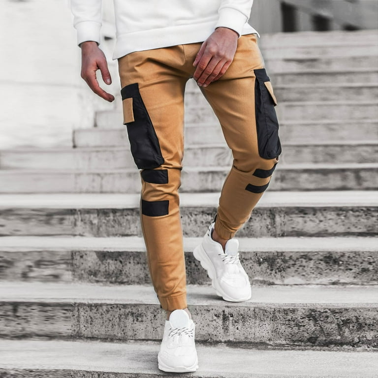 Brown Mens Workout Pants Fashion Casual Stitching Leg Multi pocket Pants Sweatpants for Men