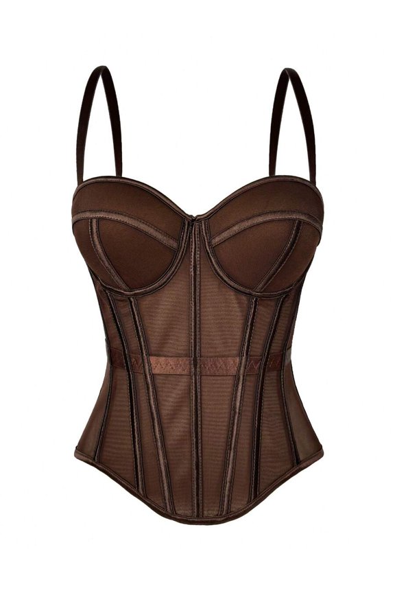 Brown Mesh Corset Bustier With Built-In Bra And Adjustable Straps