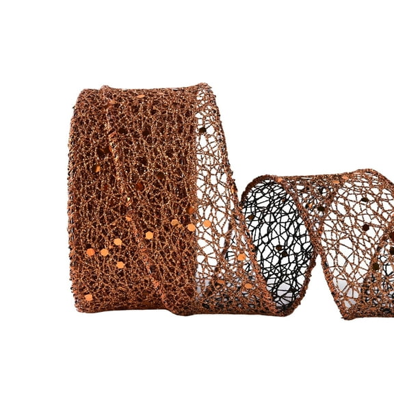 LoomJoyz Brown Mesh Glitter Wired Ribbon, Sparkling, 1.5 Inch x 10 Yards for Christmas Tree for Gift Wrapping Bow Wreath Crafts Wedding Party Decoration