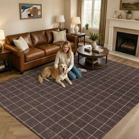 Brown Mesh Washable Area Rug 9x12 Industria Coffee Grid Steel Brown Square Plaid Low-Profile Large Area Rugs with Non Slip Backing Indoor Floor Carpet for Entrance Living Room Bedroom Home Office