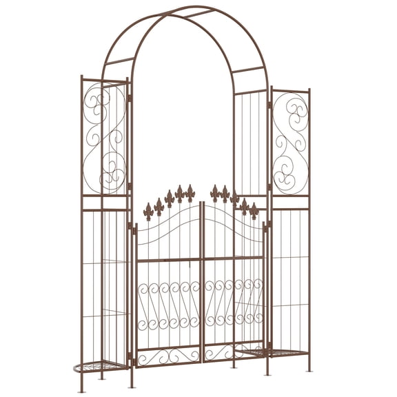 Brown Metal Garden Arbor with Double Gate and Planter Shelves, 87.75" Decorative Trellis Arch for Climbing Vines, Weddings, and Patio Entryway, Fleur de Lis Design, 64.25" W