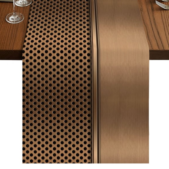 Brown Metal Hole Burlap Cotton Table Runner 13x36 Inches Short, Modern Copper Net Eye Hole Pattern Farmhouse Table Runners, Outdoor Dining Tablecloths Decor for Baby Shower/Party/Wedding