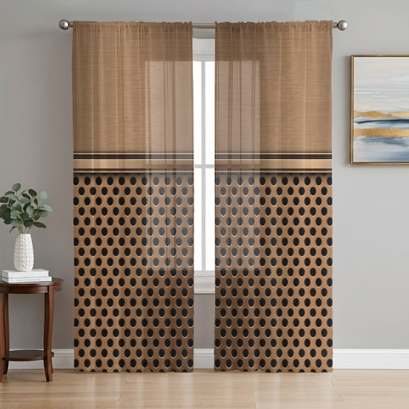Brown Metal Hole Semi Sheer Curtains 96 Inch Length 2 Panels Set, Modern Copper Net Eye Hole Pattern Sheer Kitchen Curtain Privacy Voile Window Curtain for Living Room Bedroom Rod Pocket Drapes