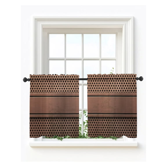 Brown Metal Hole Tier Curtains 24 Inch Length, Sheer Curtains for Bedroom Living Room Window Copper Net Eye Hole Pattern Rod Pocket Voile Drapes Kitchen Curtains Small Half Window 27.5"x24" 2 Panels