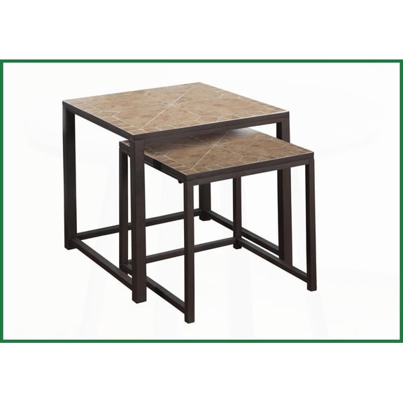 Brown Metal & Tile Nesting Coffee Table Pair Space-Saving, Multi-Use for Living Room, Bedroom & Small Apartments