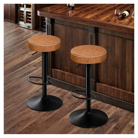 Brown Microfiber Leather Bar Stools Set Of 2 Round Swivel Adjustable Height Backless Counter Stools