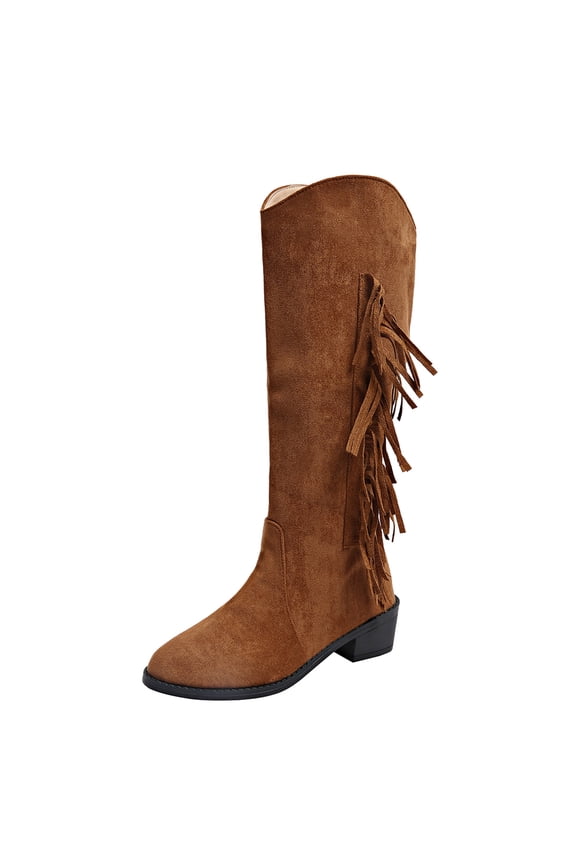 Brown Mid Calf Boots For Women High Heel Round Toe Solid Color Fringe Boots Casual Shoes Leisure Wear Size 41 Foot Length 10.04 Inches