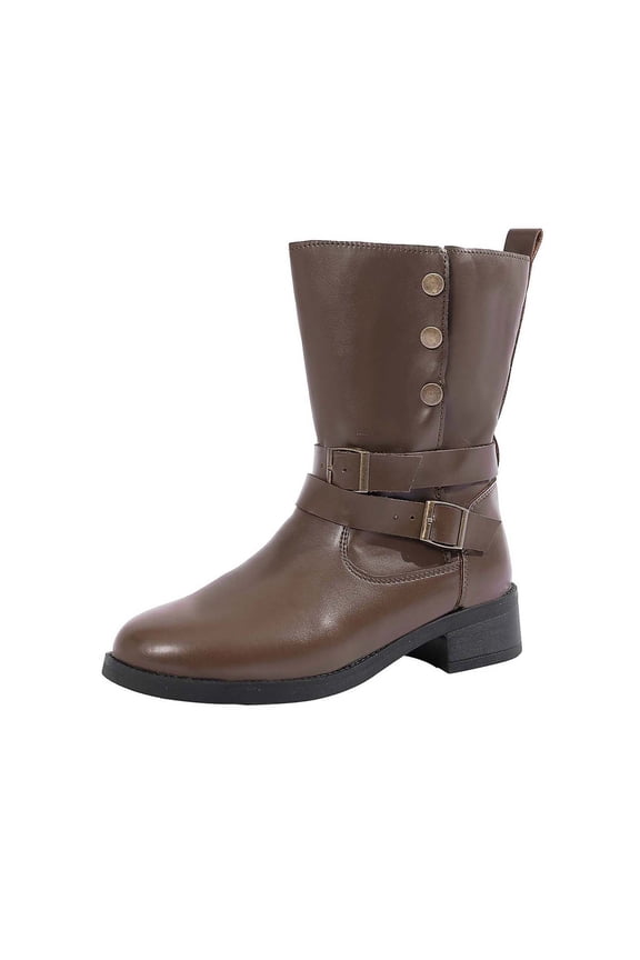 Brown Mid-Calf Boots For Women Round Toe With Buckle Detail Chunky Heel Low-Heel Comfortable Casual Shoes Winter Everyday Wear Size 36