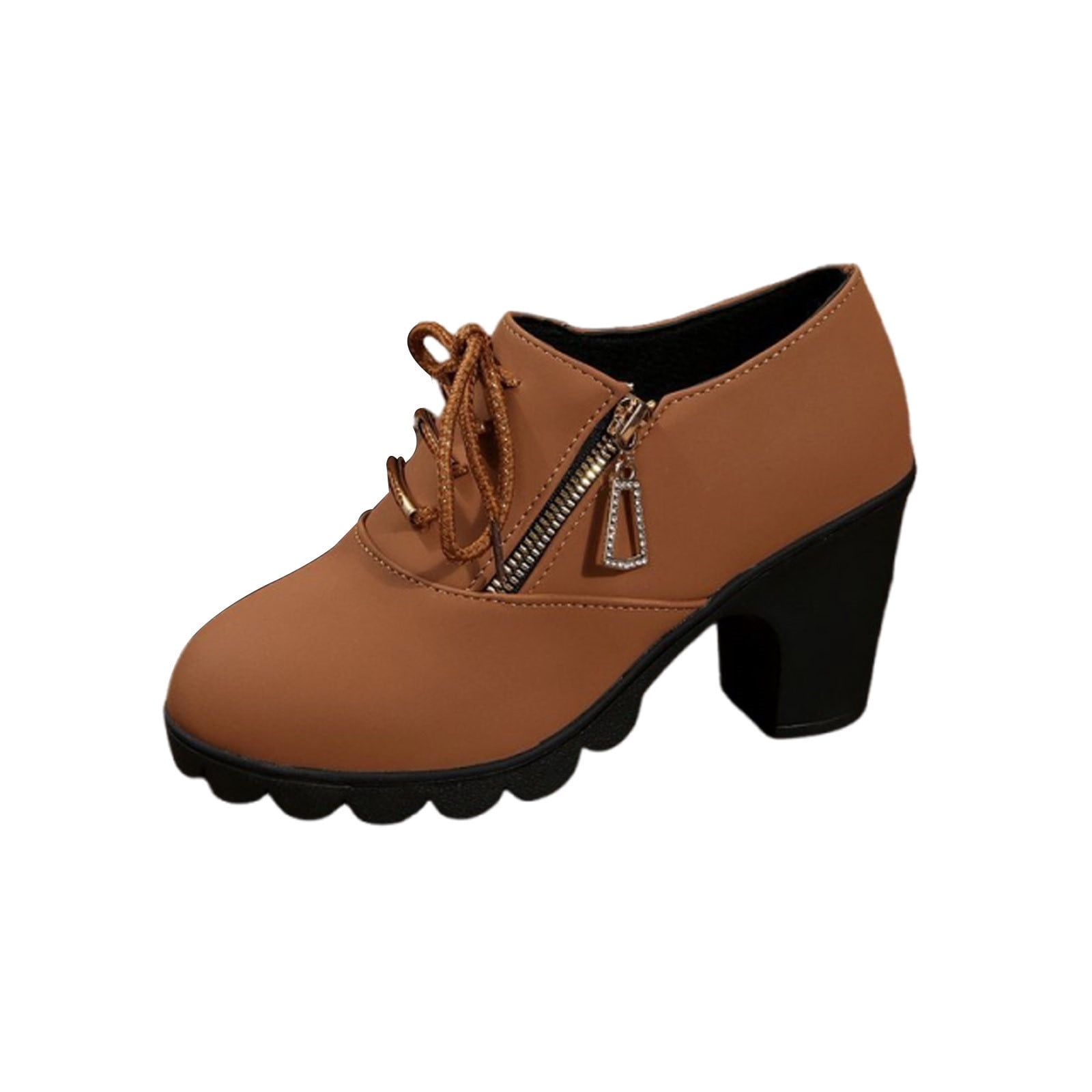 Brown Mid Heel Casual Shoes Women'S Round Toe Lace Up British Style ...