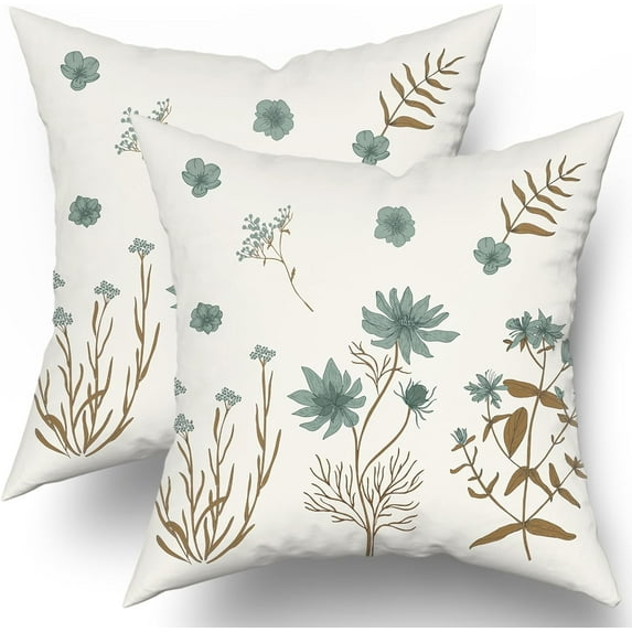 Brown Mint Green Floral Pillow Covers 18x18 Set of 2 Cute Botanical Print Vintage FlowerLeave Decorative Throw Pillows Fall Seasonal Pillowcase Cotton Square Cushion Cover Decor