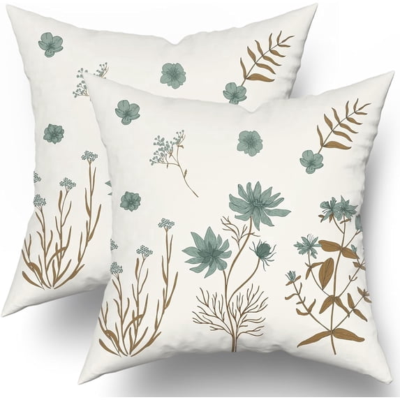 Brown Mint Green Floral Pillow Covers 20x20 Set of 2 Cute Botanical Print Vintage FlowerLeave Decorative Throw Pillows Fall Seasonal Pillowcase Cotton Square Cushion Cover Decor