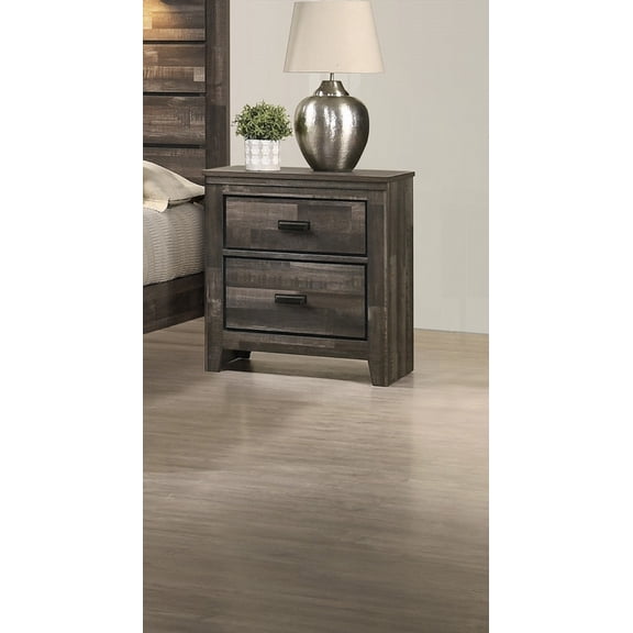 Brown Mixed Finish Bedroom Furniture - 2-Drawer Nightstand End Table with Two Storage Drawers and Black Pulls