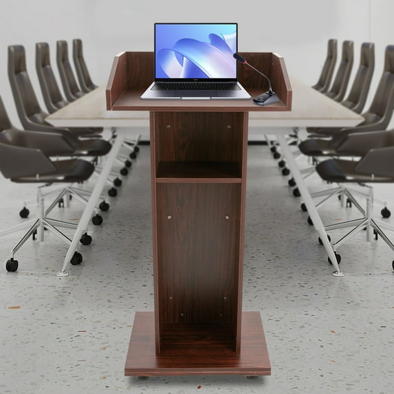 Modern Freestanding Rectangular Mobile 43" Height Rolling Podium Lectern Laptop Workstation 4 Wheels Brown