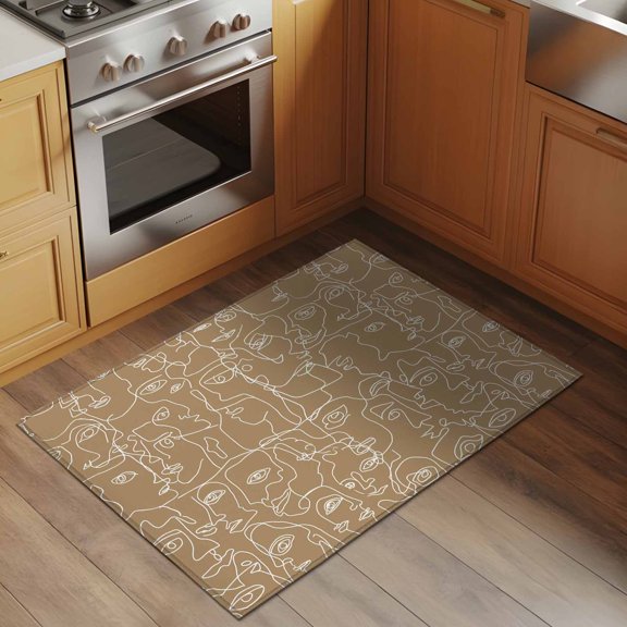 Brown Modern Art 2x3 Rug for Entryway Front Door Kitchen Sink Area, White Abstract Line Human Face Minimalist Low Pile Washable Non Slip Rectangle Area Rug