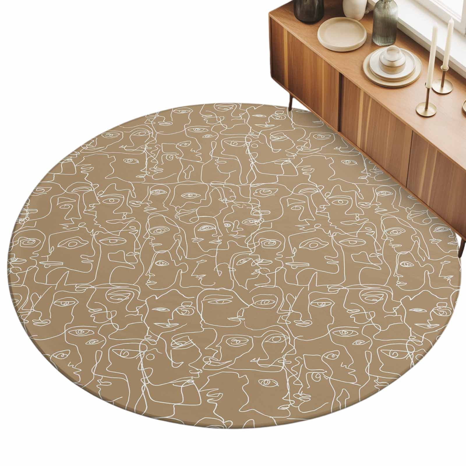 Brown Modern Art 3ft Non Slip Round Area Rug White Abstract Line Human ...