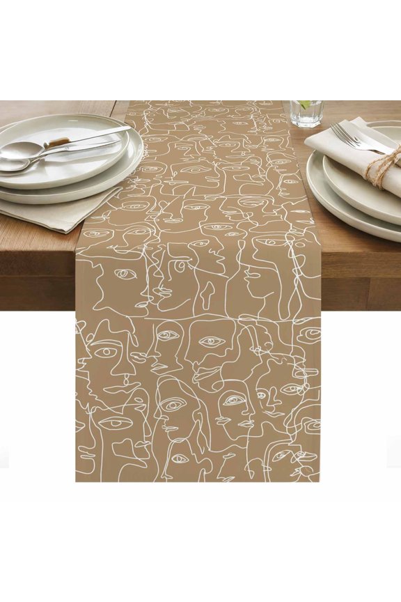 Brown Modern Art Cotton Linen Table Runner White Abstract Line Human Face Minimalist Dining Table Runners for Home Decor Party Dining Room Restaurant Kitchen Party 13" x 36"