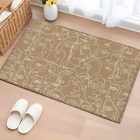 Brown Modern Art Entryway Rug 2'x3' White Abstract Line Human Face Minimalist Small Area Rug Non-Slip Front Door Mat Washable Floor Carpet for Indoor Entrance Kitchen Bathroom