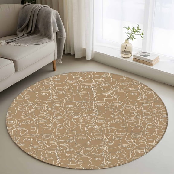 Brown Modern Art Round Rugs for Living Room 3ft White Abstract Line Human Face Minimalist Non Slip Circle Rug Washable Low-Profile Indoor Carpet for Bedroom, Dining Room, Bathroom