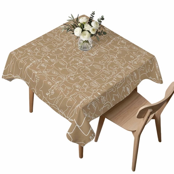 Brown Modern Art Square Tablecloth White Abstract Line Human Face Minimalist Waterproof Wrinkle Free Soft Table Cloth Spill-Proof Washable Table Cover for Dining Party Picnic 54 x 54 Inch