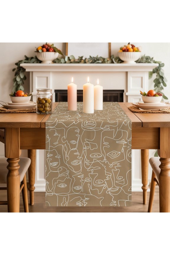 Brown Modern Art Table Runner, White Abstract Line Human Face Minimalist Washable Cotton-linen Table Runners Dining Kitchen Decoration for Everyday Home Wedding Party Decor, 13 x 36 Inch