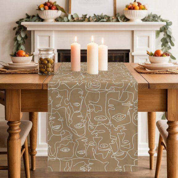Brown Modern Art Table Runner, White Abstract Line Human Face Minimalist Washable Cotton-linen Table Runners Dining Kitchen Decoration for Everyday Home Wedding Party Decor, 13 x 36 Inch