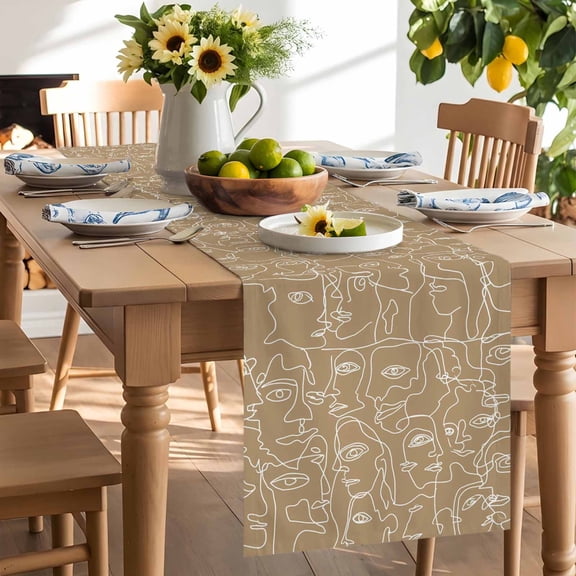 Brown Modern Art Table Runner, White Abstract Line Human Face Minimalist Washable Kitchen Table Runners Dress Scarves for Dining Table Decorations Party/Restaurant/Indoor Outdoor Use, 13x36in