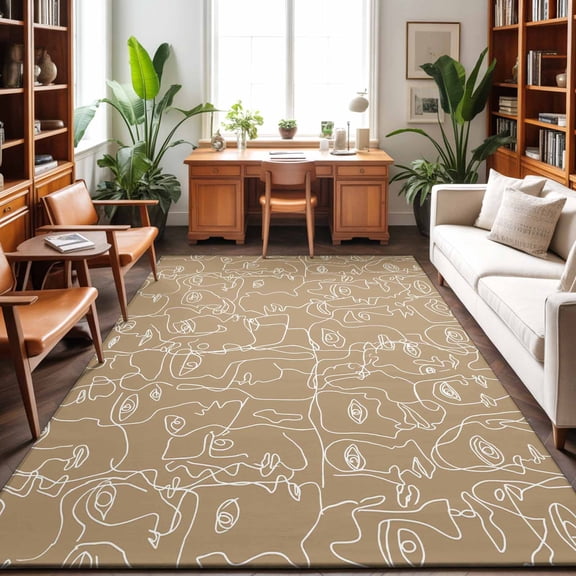 Brown Modern Art Washable Area Rug 9 x 12 ft White Abstract Line Human Face Minimalist, Soft Non Slip Rugs Stain Repellent Indoor Felt Carpet for Living Dining Room Bedroom Home Office