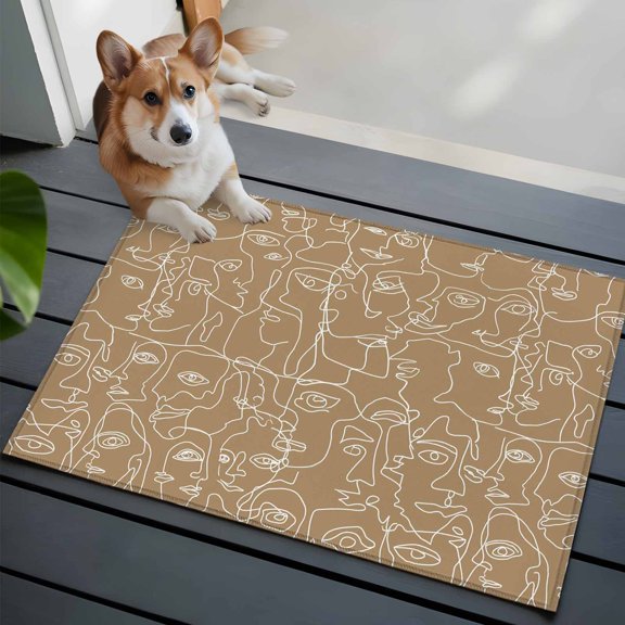 Brown Modern Art Washable Entry Rug 2x3 White Abstract Line Human Face Minimalist Low Pile Indoor Door Mat with Rubber Backing Thin Area Rug for for Entrance, Bedroom, Kitchen, Laundry, Bathroom