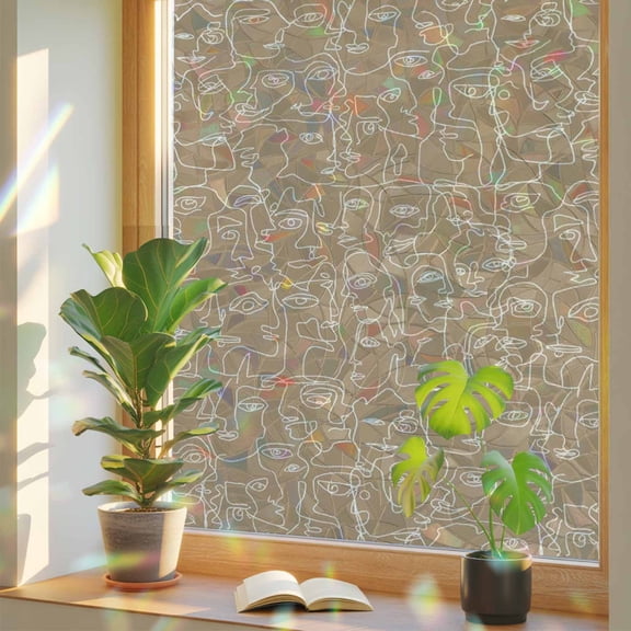 Brown Modern Art Window Privacy Film, White Abstract Line Human Face Minimalist Stained Glass Rainbow Film Decorative Window Clings, Static Cling Sun Blocking Stickers 17.7" x 39.3"