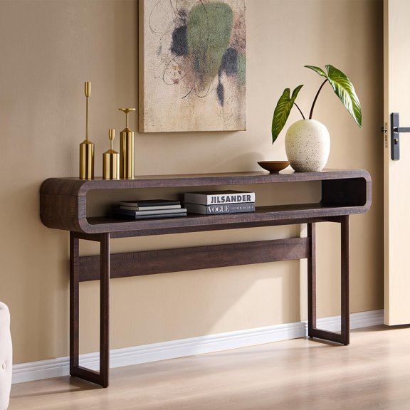 Brown Modern Console Table With Open Shelf, Curved Design, 63L x 12D x