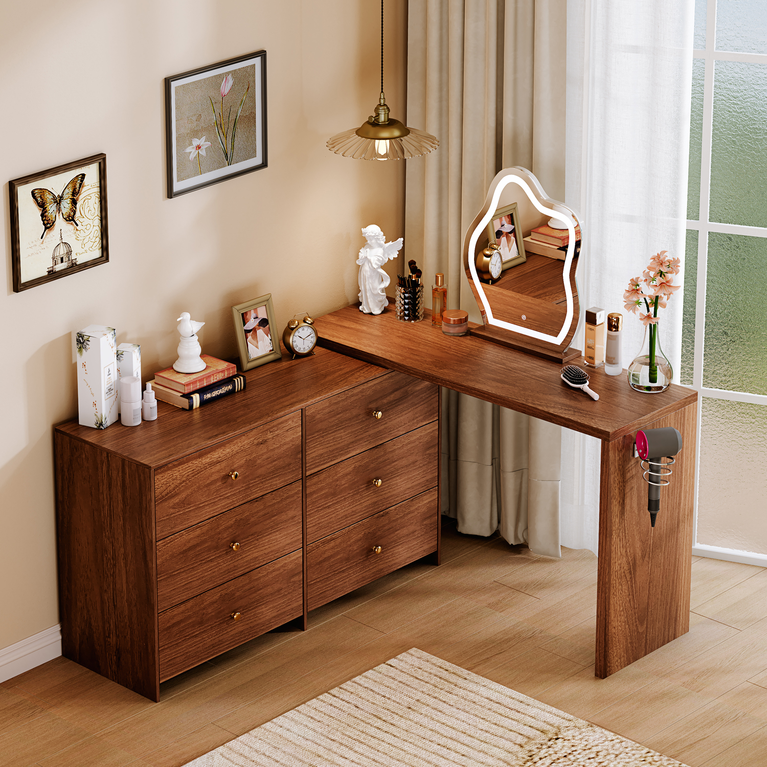 Brown,Modern Corner Makeup Vanity Table，with LED Mirror and 6 Spacious