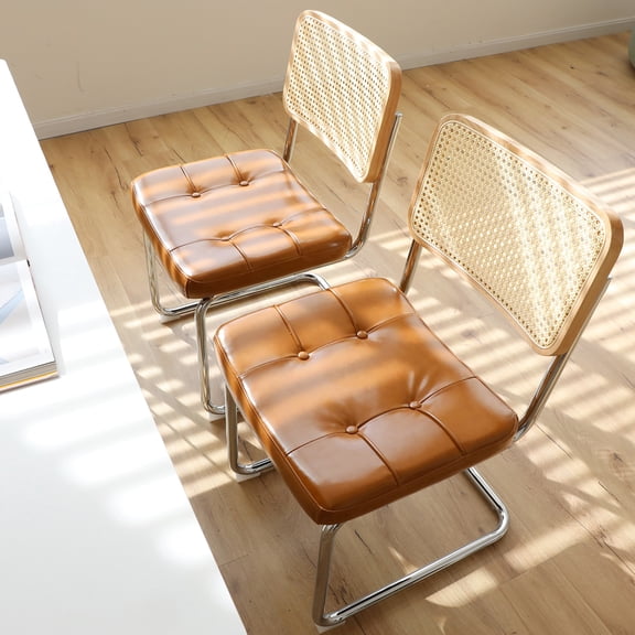 Brown Modern Dining Chairs Of 2. Mid Century Look With Leather, , . For Kitchen & Living Room 2pcs - Brown. Leather Upholstery, , Legs. Versatile Seating Option