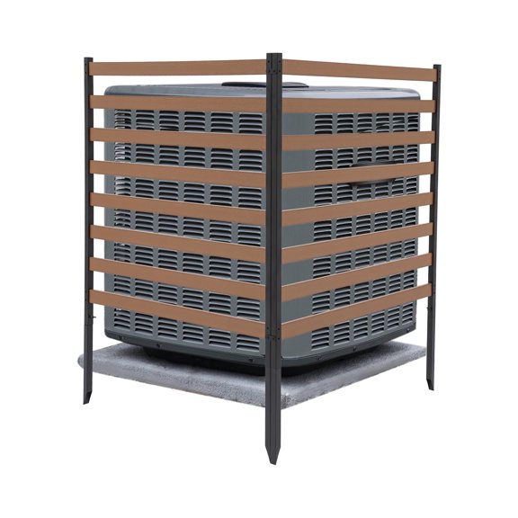 Brown Modern Floor-Mounted AC Fence, Steel Pipe & Plastic-wood. High-Temp Baked Paint, 4 Stakes. Stable Slat Design, Protects AC from Weather. Hides Trash Cans, Enhances Privacy.