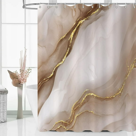 Brown Modern Shower Curtain, Brown Mix Gold Ombre Marble Texture Luxury Bathroom Curtain Waterproof Fabric Machine Washable with Hooks, 72" Wx84 L
