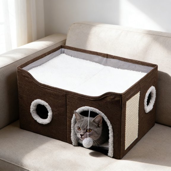 Brown Modern Style Foldable Eco-Friendly Cat House 23.6x15.8x13.4 Polyester Mat 2-in-1 Cat Tree All Seasons US Warehouse Stock