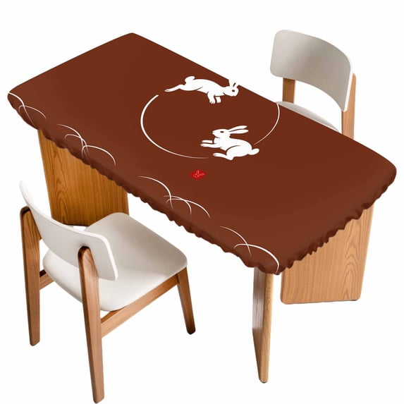 Brown Modern Table Cloths for 4 Foot Rectangle Tables, Farmhouse Rabbit Abstract Art Patio Waterproof Elastic Fitted Tablecloths, Washable Rectangular Table Cover for Camping