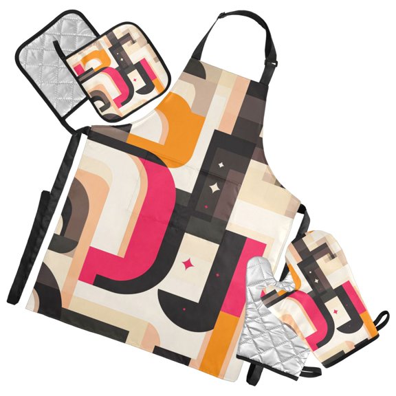 Brown Modernist Design Oven Mitts and Pot Holders with Chef Apron Set 5 Pcs Kitchen Cooking Set