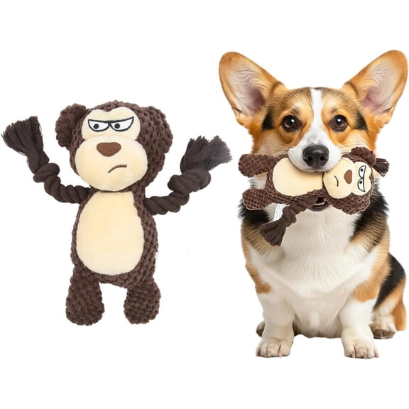 Brown Monkey Squeaky Dog Toy  9.8-Inch Plush Pet Toy with Pullable Rope Arms, Crinkle Paper, Soft Cotton Chew and Tug Toy for Small and Medium Dogs