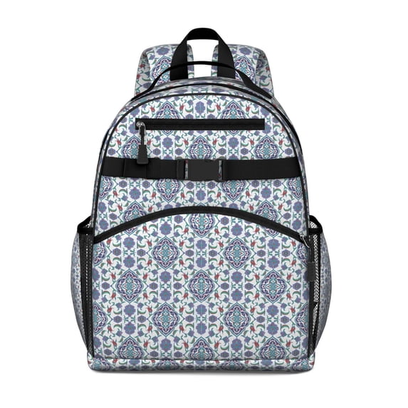 Blue Floral Ornament Pattern Backpack for School,Cute School Bag,Schoolbag with Adjustable Shoulder Straps & Padded Back,15.25"x11.5"x5.25"