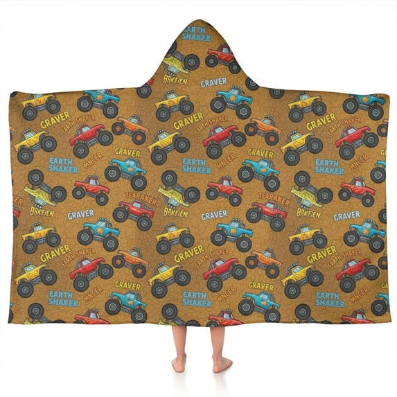 Brown Monster Cartoon Trucks Word Pattern Hooded Bath Towel,50"x30" for Ages 3 To 12 Kids, Quick Dry Lightweight Soft Microfiber Hood Beach Towel Cover Up for Kids