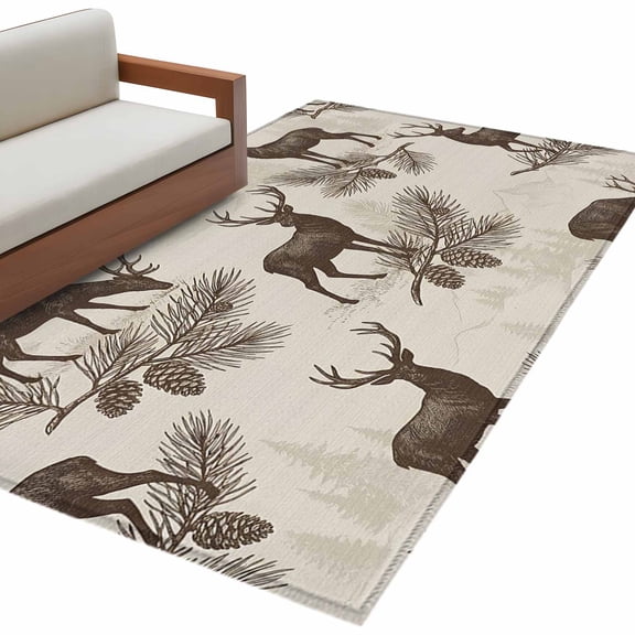 Brown Moose Area Rug 4x6 Washable Rug Non Slip Animals Pine Cones Leaves Vintage Art Large Area Rug Indoor Floor Carpet for Entryway Bedroom Kitchen Living Room Home Office Dining Room Nursery