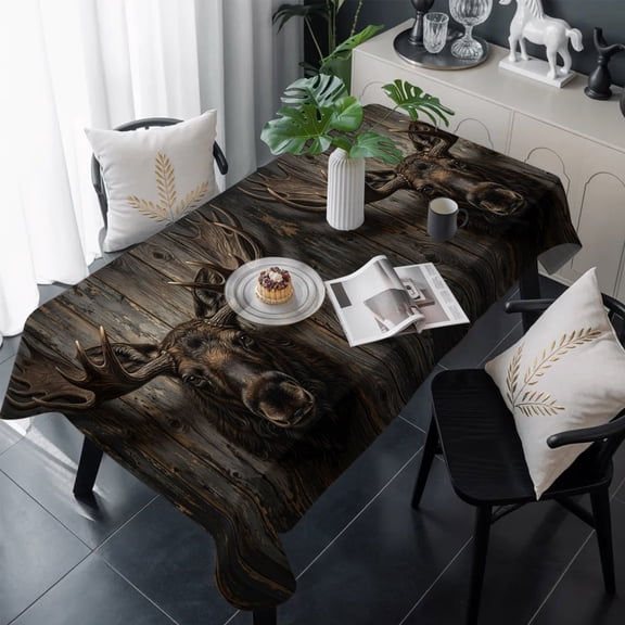 Brown Moose Head Table Cloth Waterproof Tablecloths, Farmhouse Wooden Country Tablecloth Dining Table Cover for Kitchen Party Tabletop Outdoor, Rectangle Tablecloth 60x120 Inch