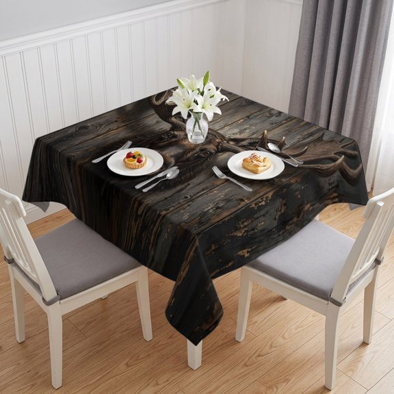 Brown Moose Head Table Cloth Waterproof Tablecloths, Farmhouse Wooden Country Tablecloth Dining Table Cover for Kitchen Party Tabletop Outdoor, Square Tablecloth 54x54 Inch