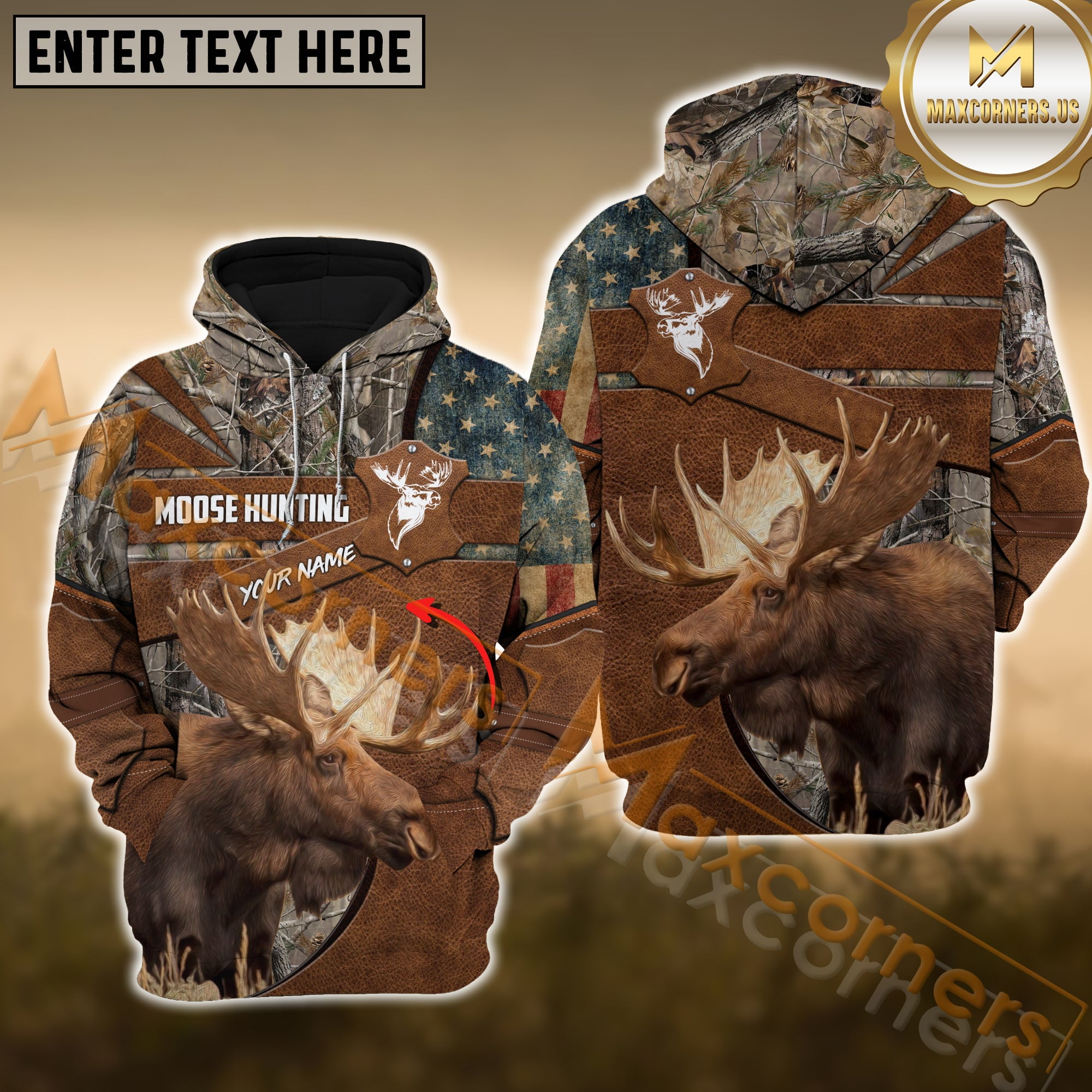 Brown Moose Hunting USA Flag Retro Custom Name Shirt 3D All Over ...