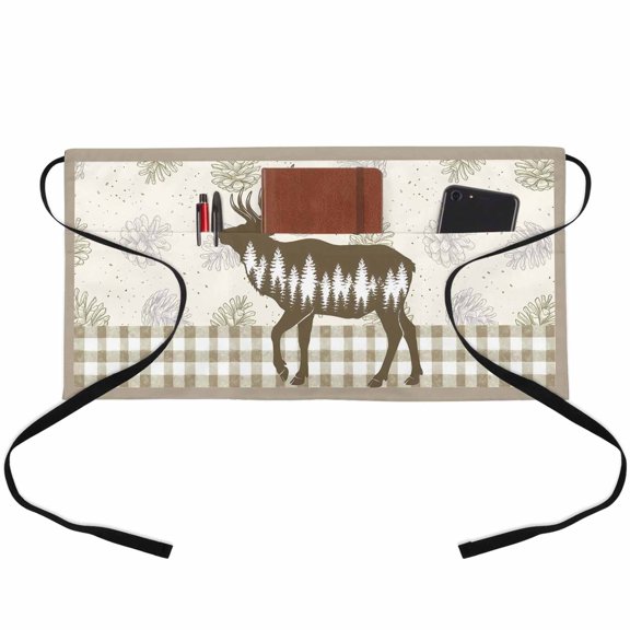 Brown Moose Waitress Apron with 3 Pockets, Trees Pine Cones Elegant Checkered Server Aprons Waterproof Kitchen Restaurant Half Waist Apron for Men Women