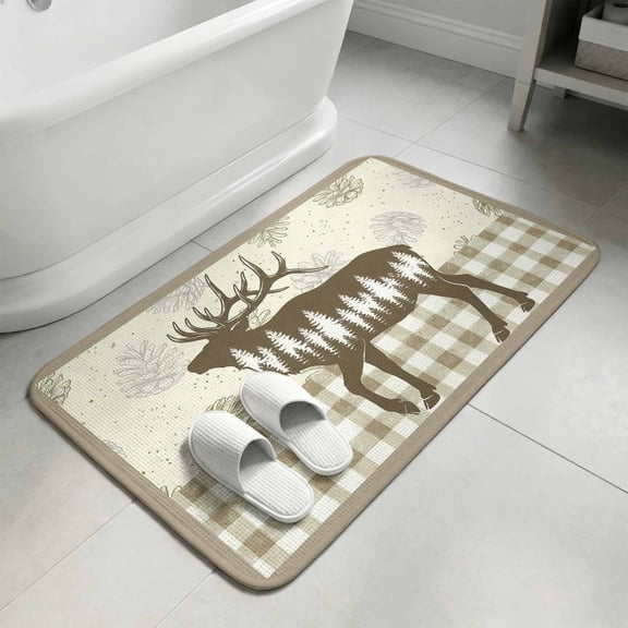 Brown Moose Washable Area Rugs for Living Room Bedroom, Large Non Slip Indoor Floor Carpet Absorbent Low Pile Trees Pine Cones Elegant Checkered Door Mat Rugs for Bathroom Entryway 47.2"x63"