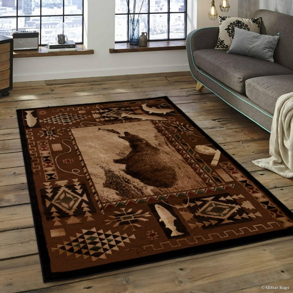 Brown Moose with Fish Print Animal Cabin Outdoor Area Rug (3' 9" x 5' 1")