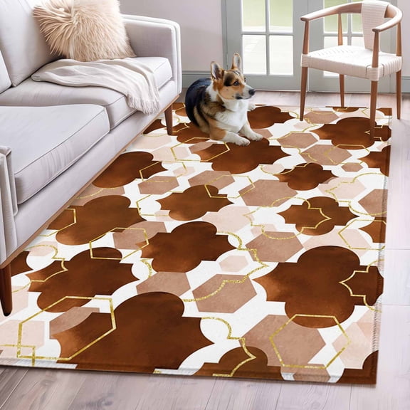 Brown Moroccan Area Rugs 3x5 ft Abstract Gradient Gold Brown Geometric Washable Rug Non Slip Indoor Carpet Absorbent Floor Mat for Living Room Bedroom Dining Room