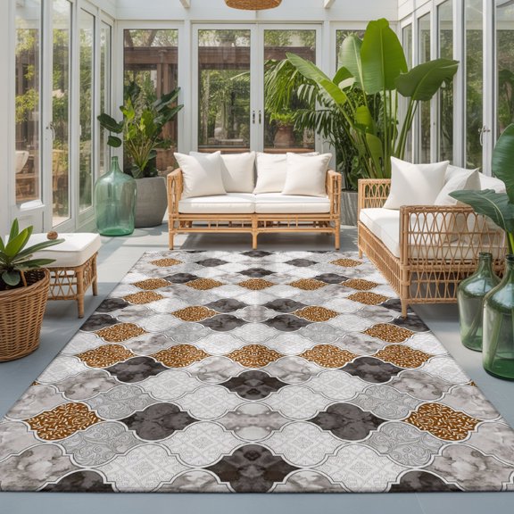 Brown Moroccan Plaid Washable Area Rugs 3'x5', Modern Abstract Exotic Geometric Black Checkered Washable Throw Living Room Rug Non-Slip Sturdy Edge Binding Carpet for Indoor Entryway Bedside Kitchen